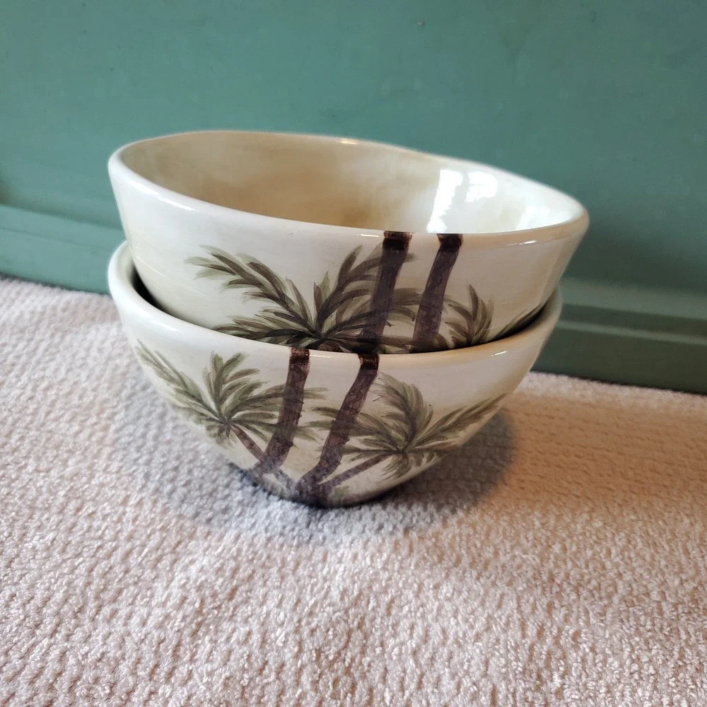 Bahamas Hand Painted Collection Palm Tree Ceramic Bowls Set of 2 Tropical Cream